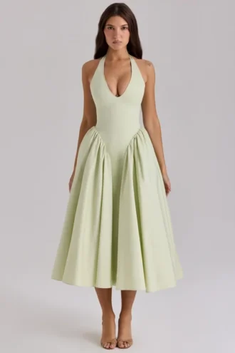 Marilyn Pistachio katoenen halter midi-zomerjurk