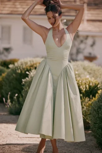 Marilyn Pistachio katoenen halter midi-zomerjurk