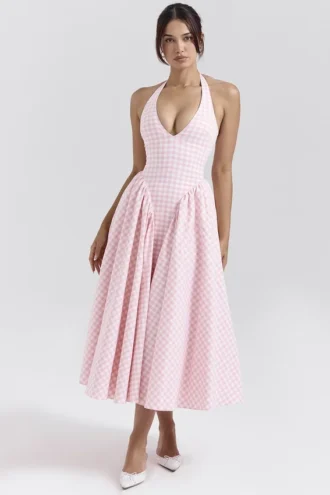 Marilyn Strawberry Shortcake Gingham Halter Midi Zomerjurk