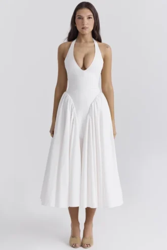 Marilyn witte katoenen halter midi-zomerjurk