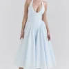 Marilyn Zachtblauwe katoenen twill halter midi-zomerjurk