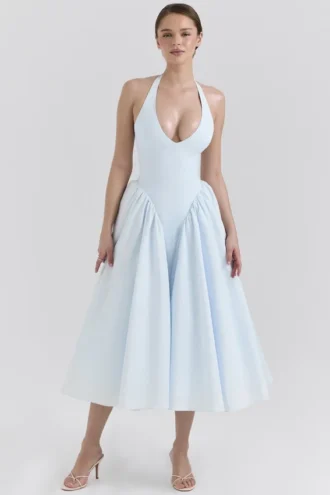 Marilyn Zachtblauwe katoenen twill halter midi-zomerjurk
