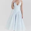 Marilyn Zachtblauwe katoenen twill halter midi-zomerjurk