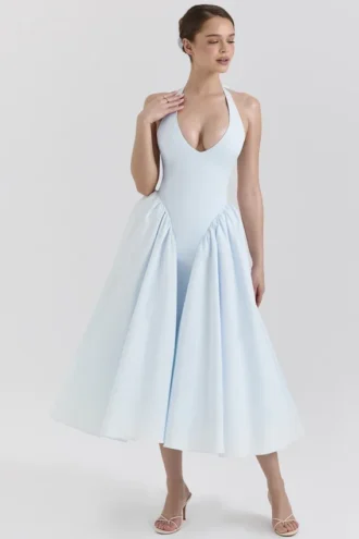 Marilyn Zachtblauwe katoenen twill halter midi-zomerjurk