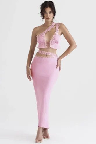 Mathilda roze maxi-rok met kanten rand