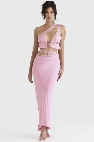 Mathilda roze maxi-rok met kanten rand