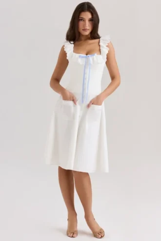 Mathilde witte katoenen midi-jurk met broderie anglaise-rand