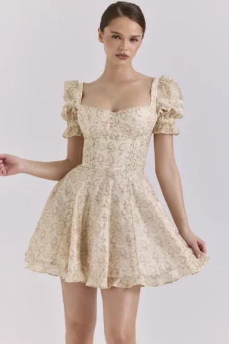 Melita Crème Mini-jurk met bloemenprint en pofmouwen van chiffon