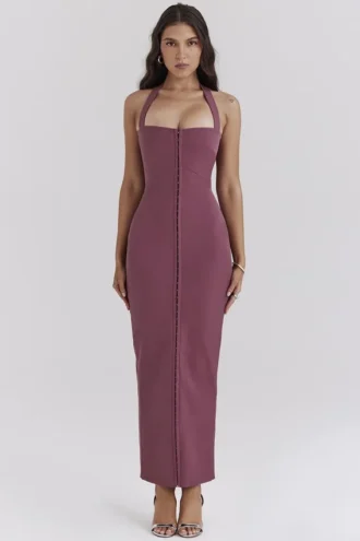 Mia Mulberry Twill Halter Maxi-jurk
