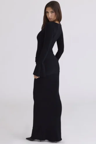 Mila zwarte maxi-jurk met fluitmouwen