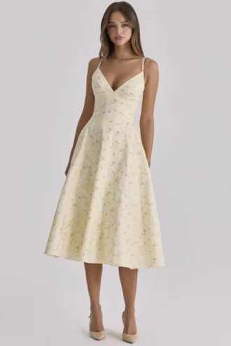 Millie Midi-zomerjurk van katoen met bandjes en citroenbloemenprint