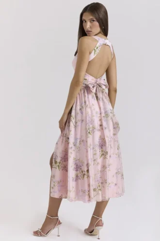 Minerva Roze zwierige chiffon midi-zomerjurk