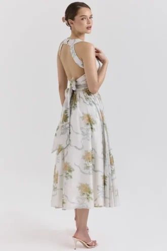 Minerva Zachtblauwe Midi-jurk van chiffon met vintage lintprint