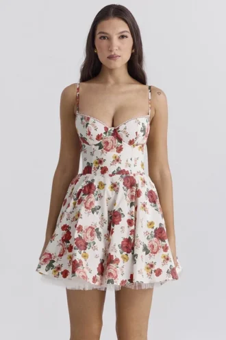 Minimoiselle mini-jurk van tule met Italiaanse rozenprint