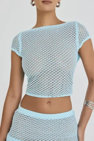 Mistress Rocks Seafoam gebreide top met open rug en ruches – Sale