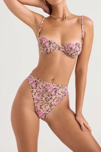 Mykonos olijfgroen bikini-onderstuk met bloemenprint en hoge taille
