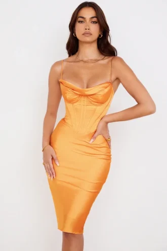 Myrna Tangerine satijnen midi-jurk met korset