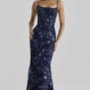 Naima Navy met de hand geborduurde corset maxi-jurk