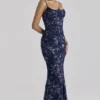 Naima Navy met de hand geborduurde corset maxi-jurk