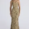 Naima Olive Bronze met de hand geborduurde corset maxi-jurk – Limited Edition