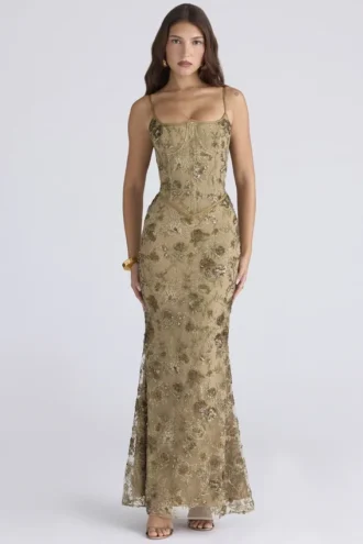 Naima Olive Bronze met de hand geborduurde corset maxi-jurk – Limited Edition