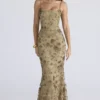 Naima Olive Bronze met de hand geborduurde corset maxi-jurk – Limited Edition