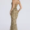 Naima Olive Bronze met de hand geborduurde corset maxi-jurk – Limited Edition