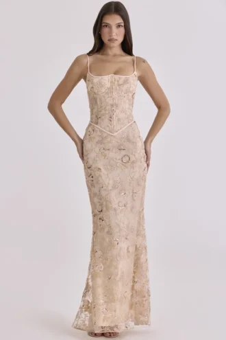 Naima Peach met de hand geborduurde corset maxi-jurk – Limited Edition