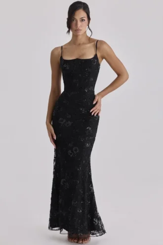 Naima zwarte, met de hand geborduurde corset-maxi-jurk – Limited Edition
