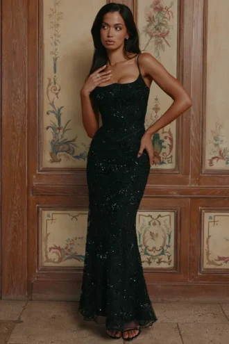 Naima zwarte, met de hand geborduurde corset-maxi-jurk – Limited Edition