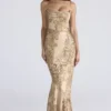 Nalani gouden satijnen maxi-jurk met patroon – Limited Edition