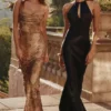 Nalani gouden satijnen maxi-jurk met patroon – Limited Edition