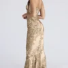 Nalani gouden satijnen maxi-jurk met patroon – Limited Edition