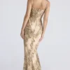 Nalani gouden satijnen maxi-jurk met patroon – Limited Edition