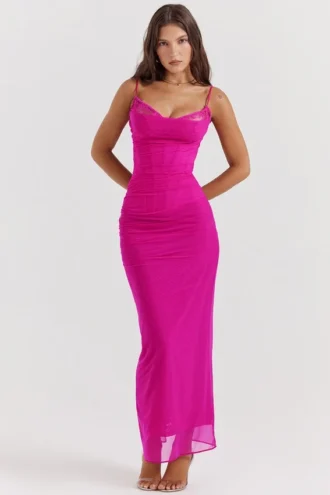 Nalini Fuchsia Stretch Mesh Maxi-jurk