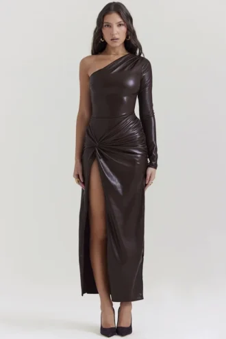 Octavia Cocoa veganistische leren maxi-jurk