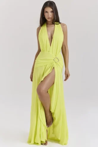 Olessia Acid Lime rugloze halter maxi-jurk