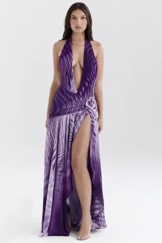 Olessia Orchid rugloze halter maxi-jurk