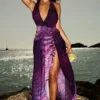 Olessia Orchid rugloze halter maxi-jurk