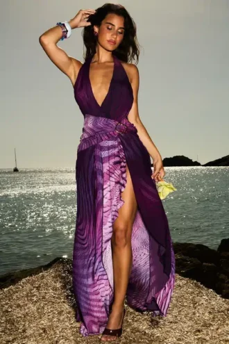 Olessia Orchid rugloze halter maxi-jurk