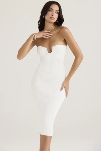 Oriana witte geribde gebreide strapless midi-jurk