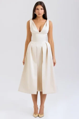 Paloma Vintage crèmekleurige satijnen midi-jurk met plooien
