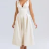 Paloma Vintage crèmekleurige satijnen midi-jurk met plooien