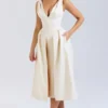 Paloma Vintage crèmekleurige satijnen midi-jurk met plooien