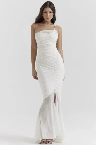 Pearla ivoorkleurige maxi-jurk met ruches