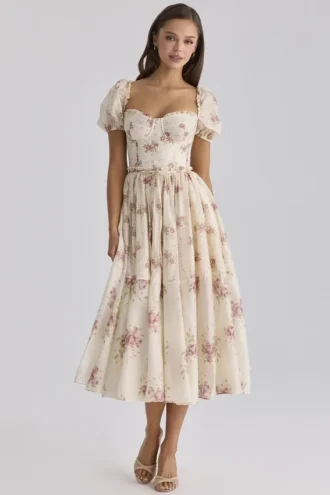 Penelope ivoorkleurige midi-jurk van chiffon met vintage rozenprint