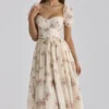 Penelope ivoorkleurige midi-jurk van chiffon met vintage rozenprint