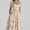 Penelope ivoorkleurige midi-jurk van chiffon met vintage rozenprint