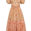 Penelope Midi-zomerjurk met pofmouwen en perzik- en papaverprint