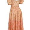 Penelope Midi-zomerjurk met pofmouwen en perzik- en papaverprint